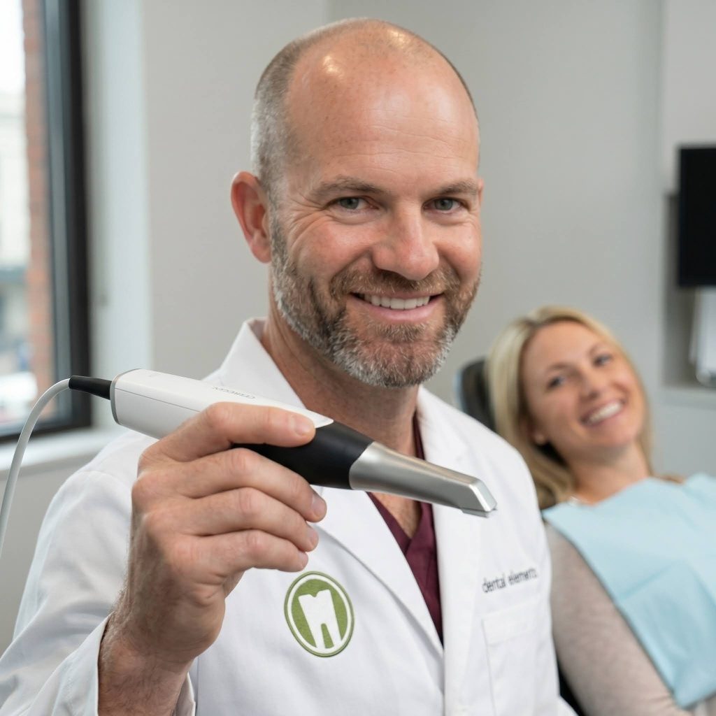 Dr. David Thurman holding a digital CEREC Primescan wand for same-day crown preparation