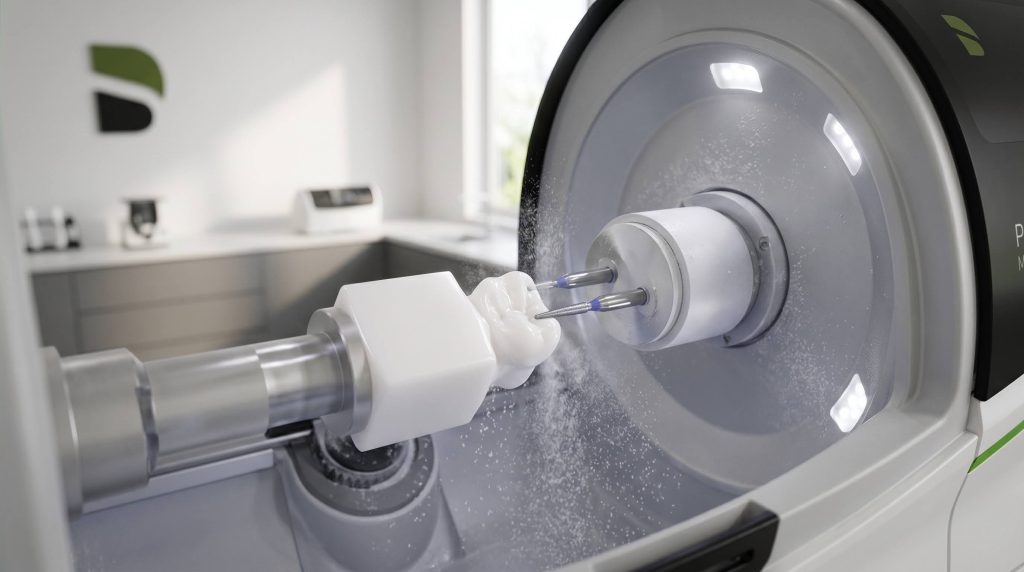 CEREC single-visit crown milling machine creating a permanent restoration.