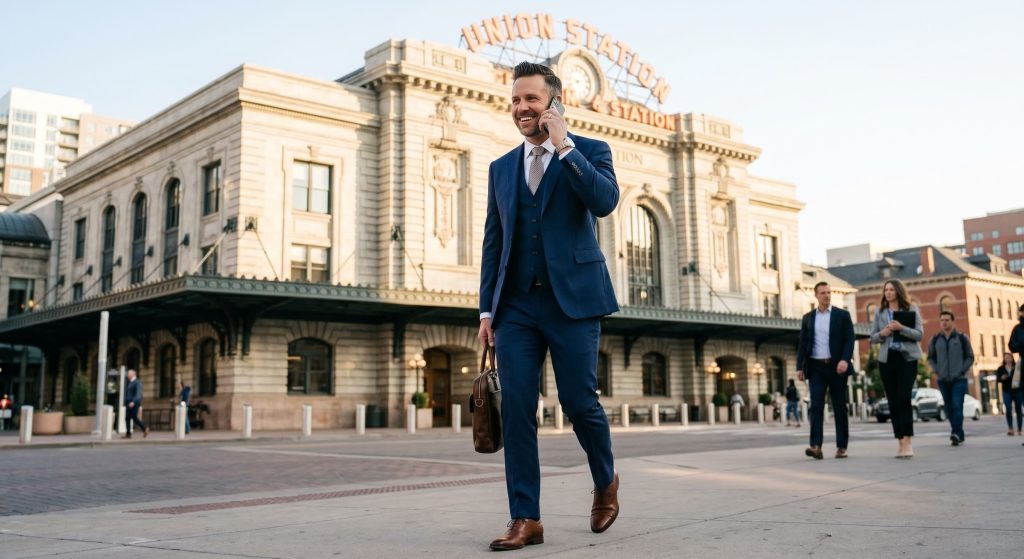 Smiling professional near Union Station after receiving a dental implant.