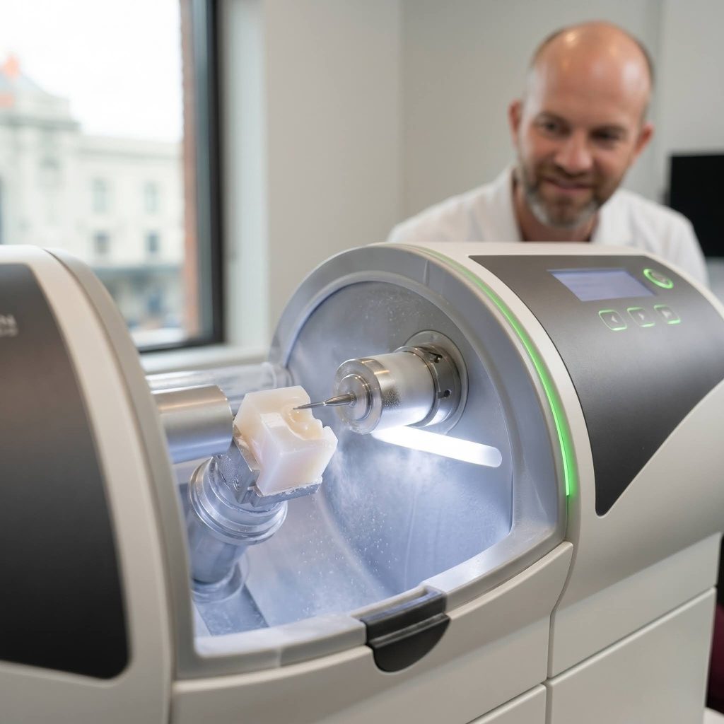 High-precision CAD/CAM milling machine creating a bespoke lithium disilicate dental crown