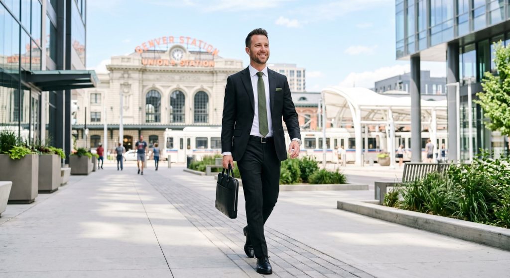Happy patient walking in Downtown Denver after emergency dental care.