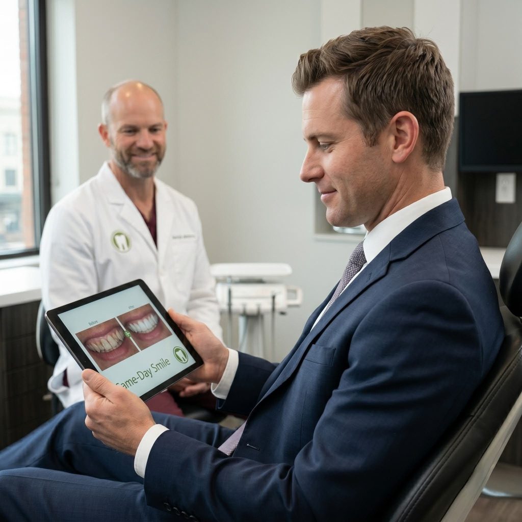 Downtown Denver professional reviewing a same-day smile design on a tablet at Dental Elements