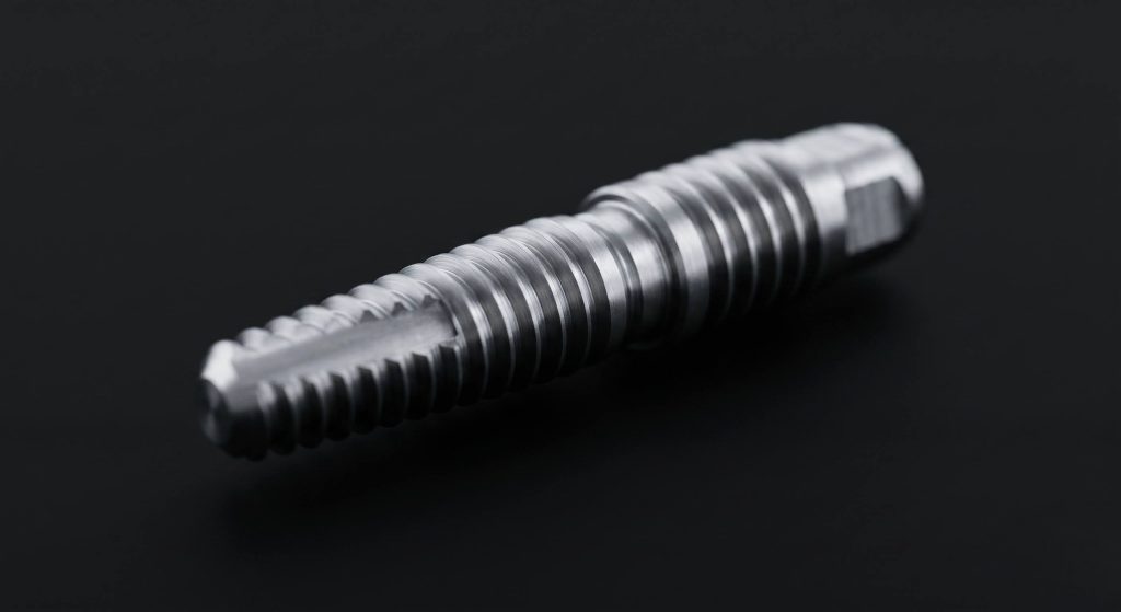 Close-up of a precision-engineered titanium dental implant post.